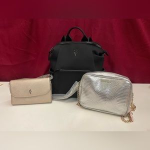 Victorias Secret Metallic Gold silver crossbody black neoprene backpack handbag